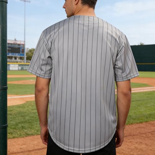 Camiseta de béisbol gris a rayas, manga corta con botones, para deporte y uso casual miniatura 2