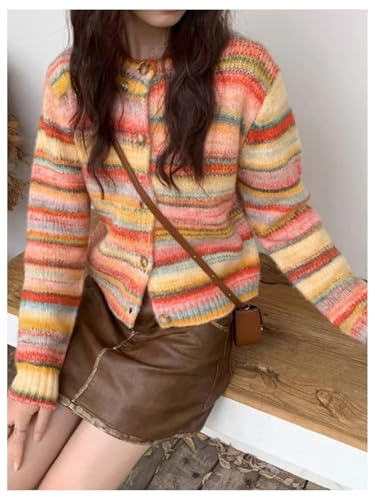 GORGLITTER Women's Striped Colorful Button Up Cardigan Sweater Trendy Fall Long Sleeve Crewneck Knitwear Tops2