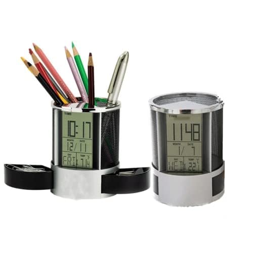 DARKFISH Multi Functional Clock with Light Pen Holder Pencil Container Digital LED Desk Clock Mesh with Calendar Timer Alarm Clock Thermometer 2 Small Drawer 4