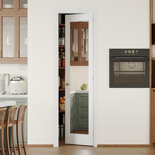Image of 18 inch x 80 inch Pantry Door with Prehung Door Jamb, Right-Handed Interior Door, 1-Lite Mirror, White MDF with Hardware Kit