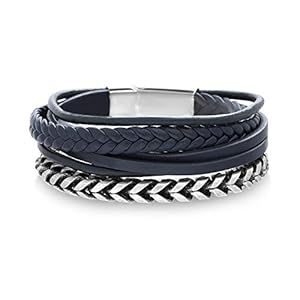 Steve Madden Stainless Steel Blue Leather Twisted Curb Chain Stackable Bracelet for Men