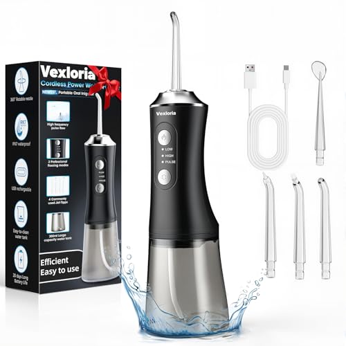 Vexloria Irrigador Bucal Portatil, irrigadores dentales, 4 Boquillas, 3 Modos, Irrigador Dental IPX7 Impermeable 300ML, USB-C Recargable para Limpieza de Dientes, para Hogar y Viajes