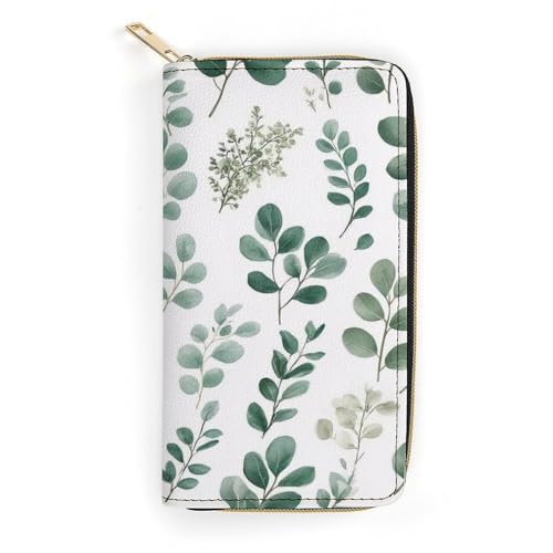 Girl's Long PU Wallet, Travel Purse Fashion Design, Huge Storage Capacity Purse, Cute Decor Zipper Wallet Watercolor Sage Green Leaf