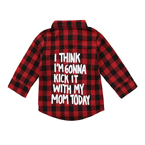 Toddler Baby Boy Girl Long Sleeve Plaid Shirt Button Down Red Flannel Tops Clothes (M, I Think I'm Gonna Kick IT with My MOM Today)