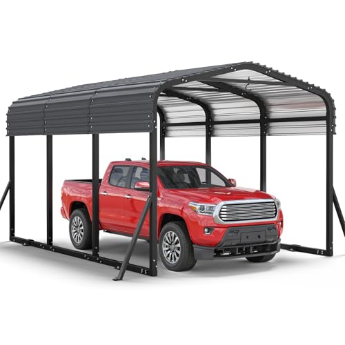 Image of Jocoevol 10x15FT Metal Carport, Heavy Duty Car Garage w /Reinforced Support Rods and Windproof Ground Anchors, All-Weather Multi-Use Outdoor Shelter for Car, Boats and Truck