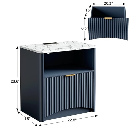 Image of Evermagin Fluted Nightstand Set of 2 with Charging Station, Navy Blue Bedside Table with Drawer and Storage, Wood End Table Mid Century Modern, Large Night Stand for Bedroom
