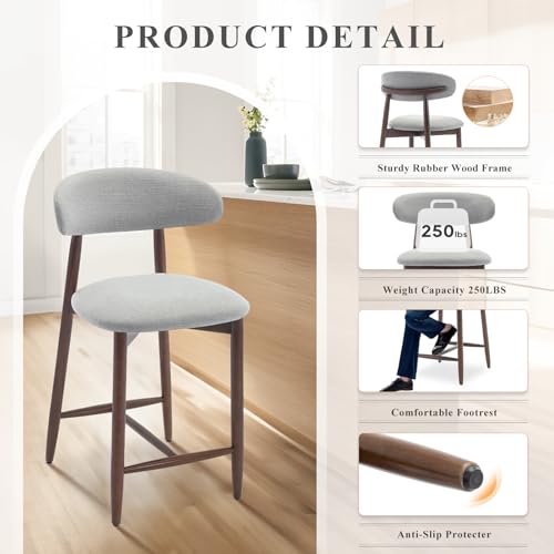 Image of Upholstered Counter Height Bar Stools, Kitchen Island Stools with Back, Modern Counter Stools Chairs with Wood Legs for Kitchen Island Dining Room, Light Grey