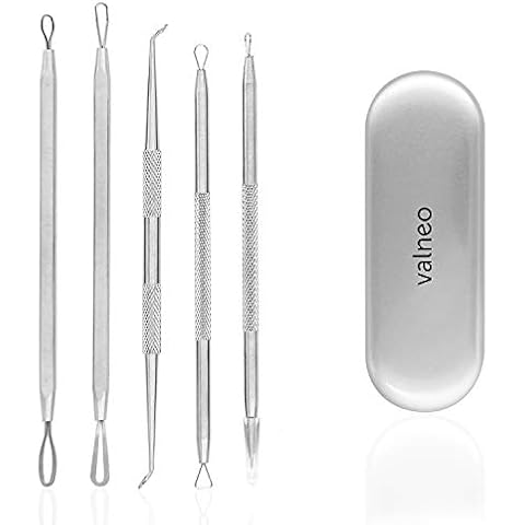 valneo Blackhead Remover Set Made of Stainless Steel | 5 Piece Set comedone Extractor for Clear Skin | Pimple Remover Tool Cover