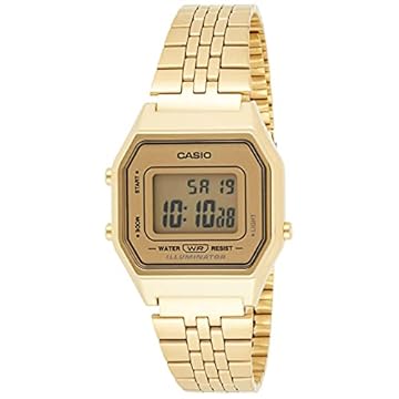 Casio Relógio feminino retrô digital dourado tamanho médio LA-680WGA-9DF, Preto, Vestido
