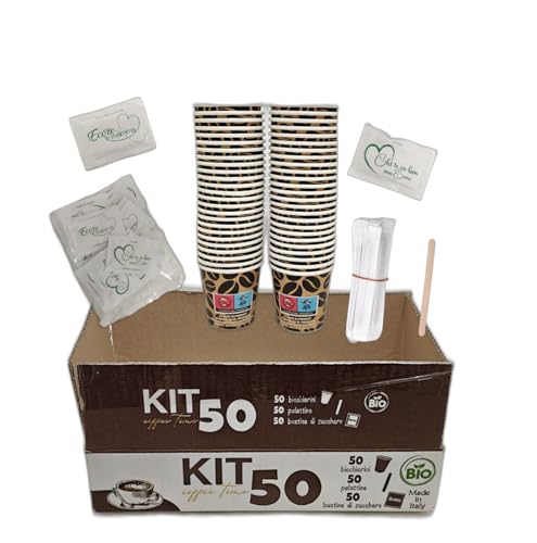 Kit de 50 tazas de café de papel de 75 ml, 50 paletas de café desechables, 50 bolsitas de azúcar de alta calidad – Juego de tazas – Fabricado en Italia – Ideal para monodosis de café Borbone ideal