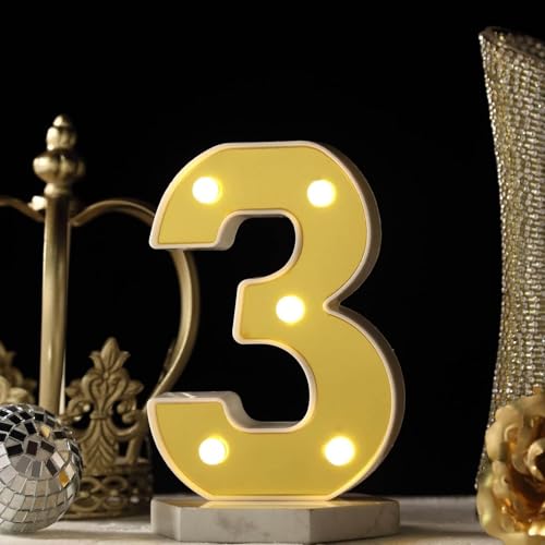 Image of Efavormart 6 inch Gold Marquee Number 3, Mirror Front Warm White LED Light Up 3D Sign, Battery Operated 72H Glow for Wedding Party & Wall Decor