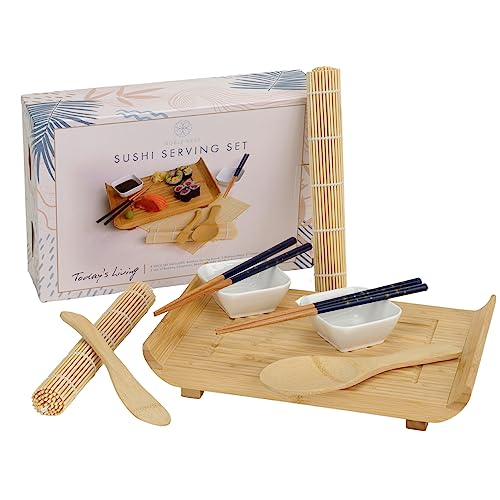 Noble Nest Sushi Plate Serving Tray | 11 Piece Sushi Making Kit With Chopsticks, Bamboo Tray, Sauce Dishes, Sushi Mat & Sushi Roller | Serving Platter & Sushi Maker | Serving Trays For Entertaining #TOP19