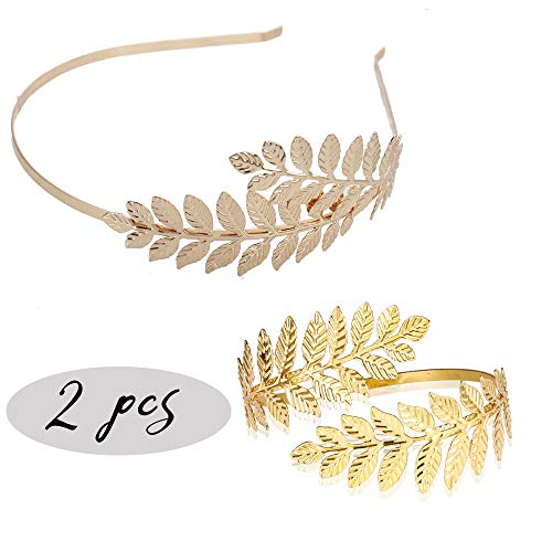 Aegenacess 2 Pcs Wedding Leaf Headband Leaves Boho Upper Arm Cuff Bracelet Set Greek Goddess Hair Accessories Bangle for Brides Bridesmaids Gift Prom (Gold)