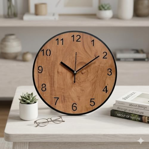 Image of Wooden Wall Clock for Living Room & Office - Classic Round Analog Ticking Decorative Clock 30.5CM