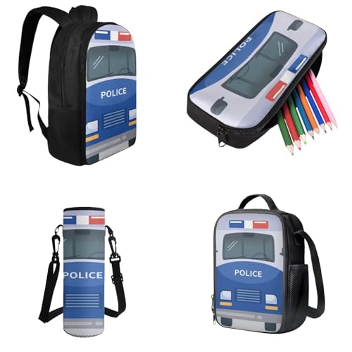 Police Car Kids Backpack Boys 12-14 Lightweight Backpack and Lunch Box Set Boys Large CapacityTeen Bookbag 4pcs with Watter Bottle Holder for Elementary Middle School Travel Bookbag3