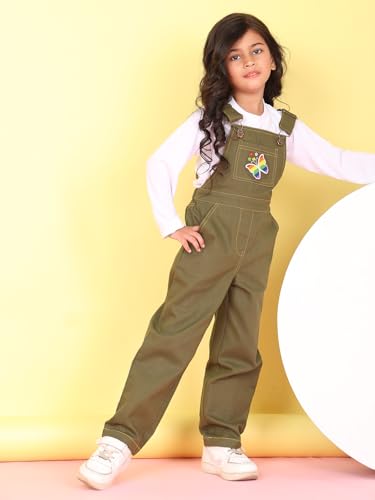 Image of superminis Girls Twill Dungaree with Full Sleeve T-Shirt Set Casual For Kids