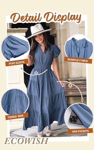 Image of ECOWISH Summer Maxi Dress for Women Casual Flowy V Neck Short Sleeve A Line Empire Waist Tiered Long Dresses with Pockets