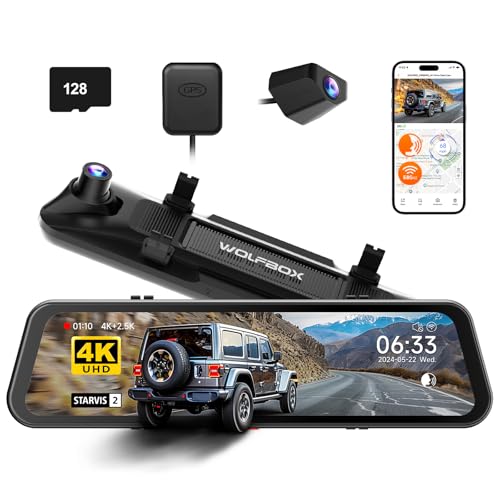 WOLFBOX G900 PRO, 12-inch Mirror Dash Cam with Front 4K and Rear 2.5K Recording, 128GB Card Included