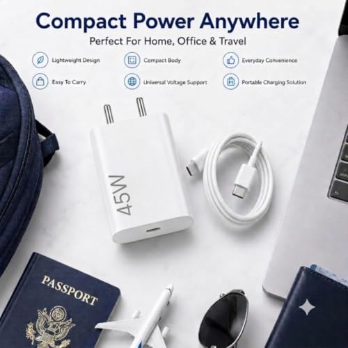 Image of Scalebee 45W Type C Fast Charger Adapter with Cable | Compatible with Google Pixel 10 /10 Pro /9 Pro XL /9 Pro Fold /9 Pro /9 /9a /8 Pro & Tablets (White)