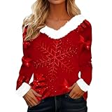 VgguDoe Weihnachtspulli Damen Lustig,Tshirt Damen V Ausschnitt,Flauschige Weihnachtsshirt für Frauen,Long Sleeve Shirt Women,Lässig Weihnachtspullover Mädchen 1-1-Rot M