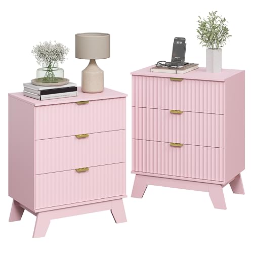 Image of Wodeer Night Stand Set 2, Bedside Table & End Table, Mid Century Modern Fluted Wood Nightstand with 3 Drawers & Metal Handles, Farmhouse Nightstand for Bedroom, Pink