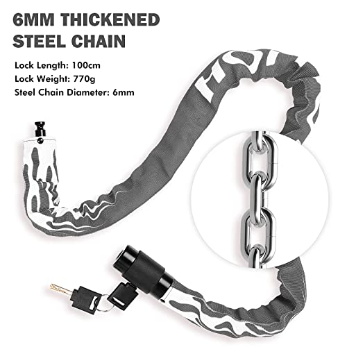 Bike Lock with Key, 100cm Length Bicycle Lock, Bike Locks High Security, 360 Rotatable Lock Head with Waterproof Keyhole Cover, Chain Lock for E Bike/Motorcycle/Door/Gate/Fence Grey - Image 2