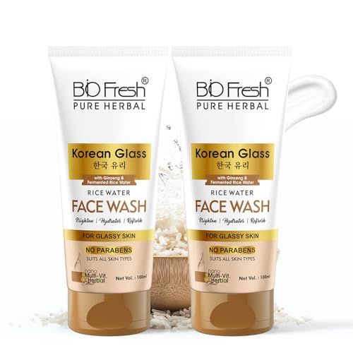 Image of BIOFRESH Pure Herbal Korean Glass Rice Water Face Wash - 100Ml, Ginseng & Fermented Rice Water, Brightening & Hydrating Cleanser for Glassy, Radiant Skin, No Parabens, Nano Multi-Vit Herbal Extract, Suitable for All Skin Types (Pack of 2)