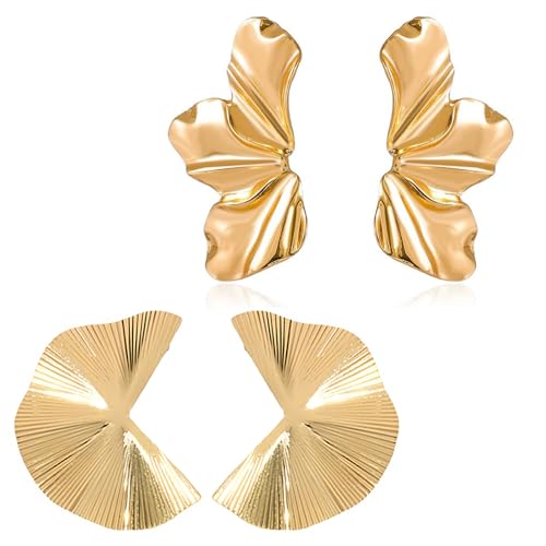 VYNZOR 2 Pares pendientes dorados fiesta,pendientes largos dorados,pendientes mujer dorados,pares de aretes chapados asimétricos de moda,aretes para mujer,regalo de joyería para mamá,flor mate retro