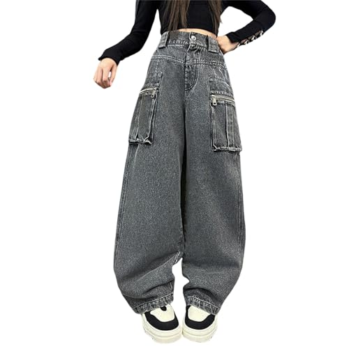 Youth Cargo Jean Pants Little Girls Zipper Fly Denim Jeans Pockets Kids High Waist Floor Length Baggy Wide Leg Y2k Streetwear