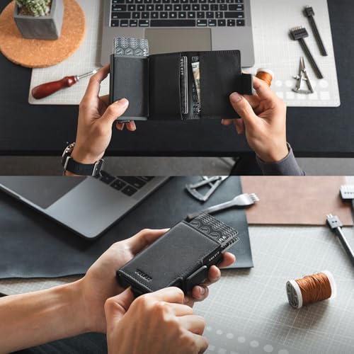 Image of VULKIT Credit Card Holder RFID Blocking Leather Automatic Pop Up Wallet Magnetic Wallet Double Card Case for Men and Women, Genuine Leather Nappa Black, 4.33*3.15*1.1 in, Minimalist