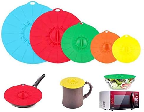 Silicone Suction Lids Set of 5 Various Size Press Sealed Microwave Dish Covers Multiple Colour Reusable Splatter Proof Food Covers Fits Various Sizes of Pans, Bowls, Containers and Cups BPA Free