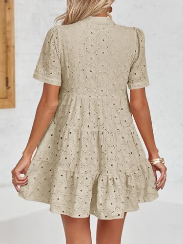 Image of Imily Bela Womens Summer Lace Dresses Eyelet Casual Flowy Babydoll Swing Short Sleeve V Neck Tunic Dress