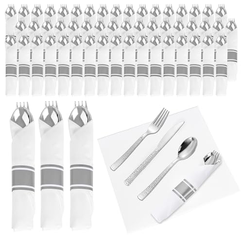 Wellife 100 Pack Silver Plastic Silverware Set with Napkins