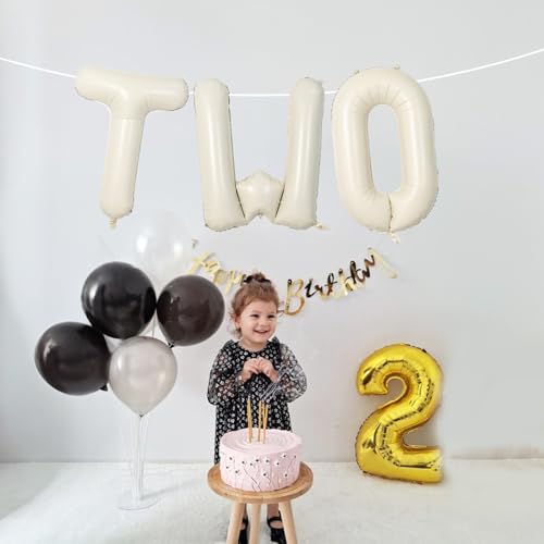 Image of 40 Inch Beige Letter Balloon, Cream White Sand Alphabet With Ribbon for 2 Year Old Birthday, Second Anniversary Party Decorations - Neutral Ivory for Kids, Boys, Girls