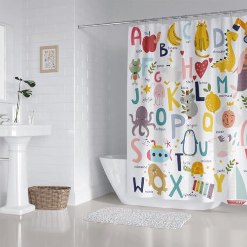 Image of Alphabet Shower Curtain Kids ABC Educational Learning Tool Baby Cartoon Animals Girls Boys Colorful Bathroom Decor Waterproof Fabric 72Lx60W Inch with Hooks