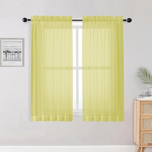 Image of OWENIE Lemon Sheer Curtains for Bedroom Living Room 54 Inch Length 2 Panels Set, Soft Solid Light Filtering Sheer Short Curtains for Small Window, 2 Pcs Total 84 Width 54 Long, Lemon