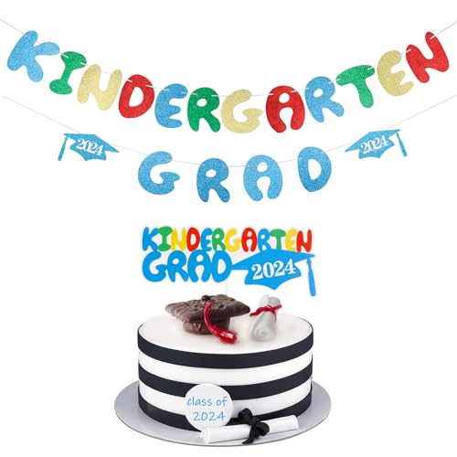 Kindergarten Grad 2024 Banner and Kindergarten Gradauation Cake Topper, Kindergarten Graduation Banner Kindergarten 2024 Graduation Banner for Kindergarten Graduation Party Decorations 2024