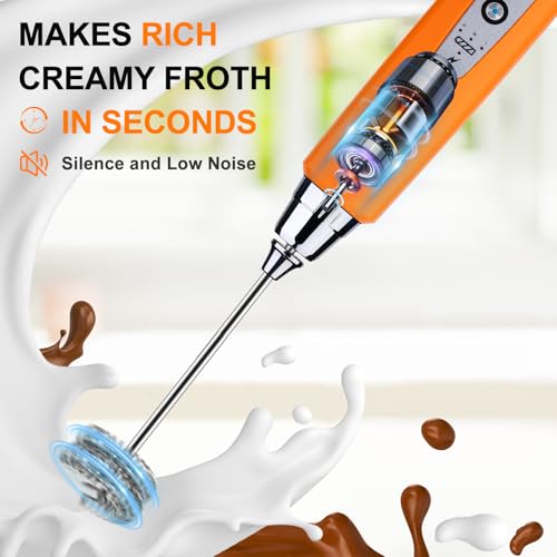 Image of YUSWKO Fluorescence Orange Handheld Milk Frother Wand for Coffee, Rechargeable Electric Whisk with 3 Heads 3 Speeds Drink Mixer Coffee Frother For Latte, Cappuccino, Hot Chocolate, Egg