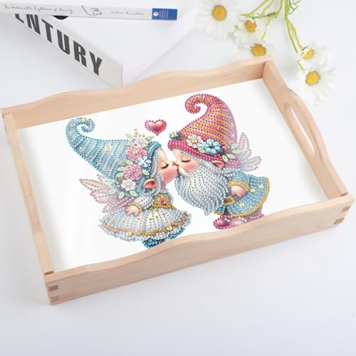 Image of DIY Diamond Art Tray with Handle Diamond Art Painting Plate Creative Design Handmade Wooden Tray Mosaic Making Kits by Number Kits Diamond Art for Coffee Living Room Home Organizer (Nice Kiss)