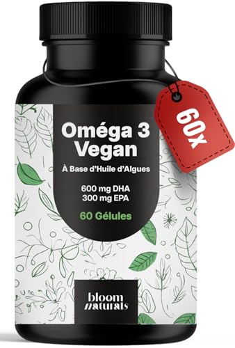 Omega 3 Vegan Huile d’Algues - 60 Gélules - Omega 3 Algues avec 600 mg DHA & 300 mg EPA par dose journalière - Vegan - Produit en Allemagne
