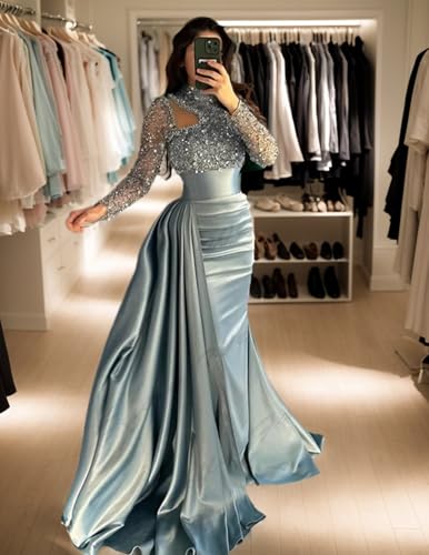 Sequined Mermaid Evening Gown Elegant Masquerade Dress for Women Long Sleeve High Neck Satin Formal Gowns with Pearls2