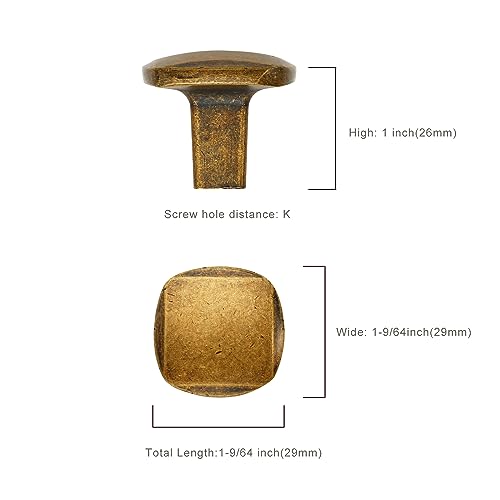 Image of 10 Pack 1 Inch Antique Brass Cabinet Knobs for Kitchen Drawers - Square Vintage Retro Dresser Handles