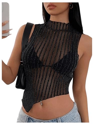 Milumia Women's Glitter Sheer Mesh Top Mock Neck Asymertrical See Through Crop Tops Clubbing Rave