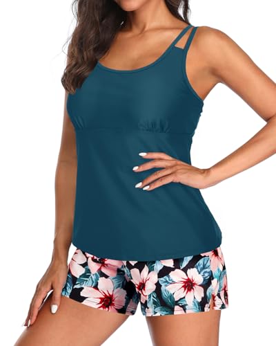 Image of Tempt Me Two Piece Tankini Swimsuits for Women Tummy Control Bathing Suit with Shorts Athletic Two Side Pockets Swimwear