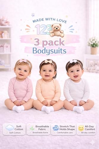 Image of 123 Bear Baby 3-Pack Soft Cotton Spandex bodysuits