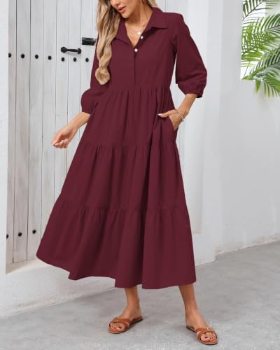 Image of Women Button Down Maxi Shirt Dress Long Sleeve Flowy Tiered Collared Dresses with Pockets
