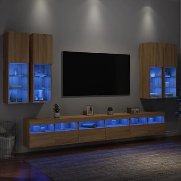 7-częściowy zestaw szafek ściennych do telewizora z oświetleniem LED, dąb sonoma