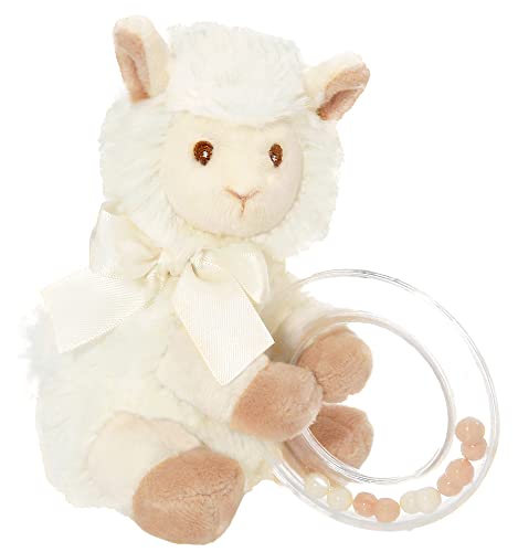 Image of Bearington Baby Lil’ Alma Stuffed Animal Rattle: 5.5” Llama Shaker Toy with Soft Plush Faux-Fur, Satin Bow, Clear Ring and Moving Beads; Makes a Great Baby Shower Gift