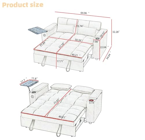 Auvsoce AU-1107 65'' Convertible Queen Size Sleeper Sofa Bed.Modern Chenille Fabric Sofa With Pull Out Bed And 360 Degree Rotatable Side Table For Living Room,Rv thumb #1
