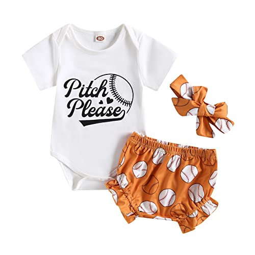Image of Newborn Baby Girl Shorts Set Baseball Printed Bodysuit Shorts Headband Infant Girls Summer Outfits